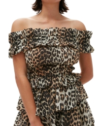 Ganni - CROPPED OFF-SHOULDER TOP LEOPARD