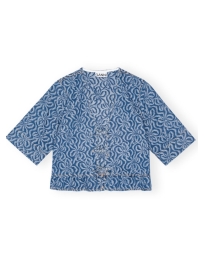 Ganni - BLUE JACQUARD DENIM FLOUNCE TIE-BLUSE