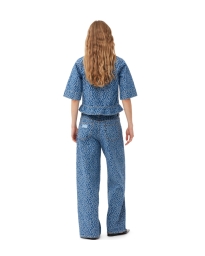 Ganni - BLUE JACQUARD DENIM FLOUNCE TIE-BLUSE