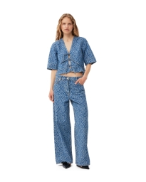 Ganni - BLUE JACQUARD DENIM FLOUNCE TIE-BLUSE