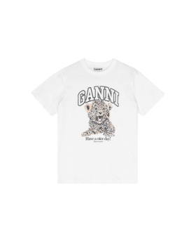 Ganni - Hvid løs T-shirt med leopard