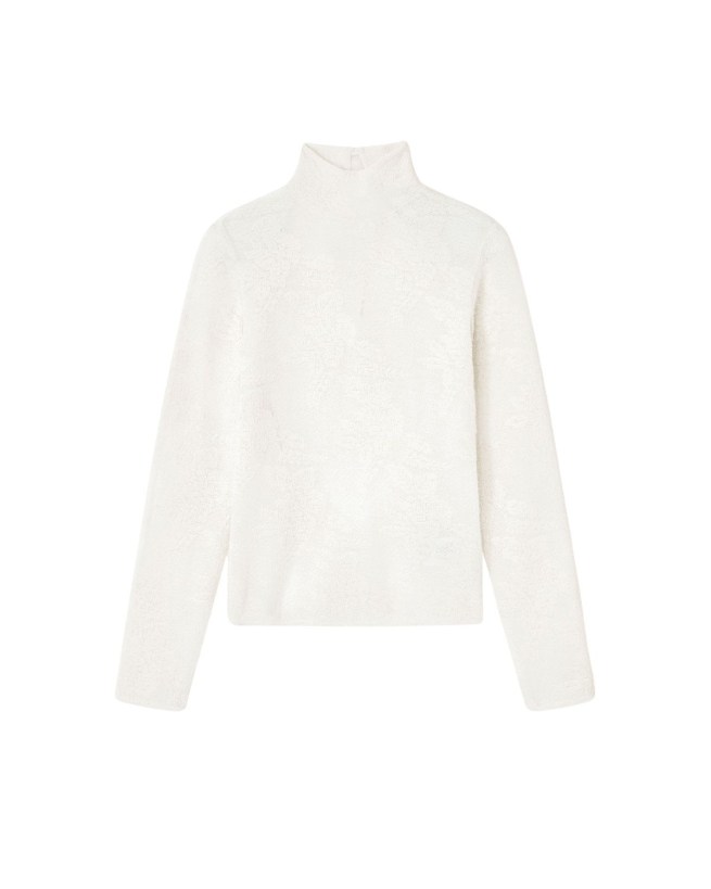 Ganni -  Tøj Strik Elfenbensfarvet rullekravebluse med gennemsigtigt print