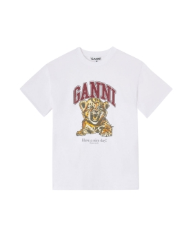 Ganni - Hvid T-shirt med tiger i perler